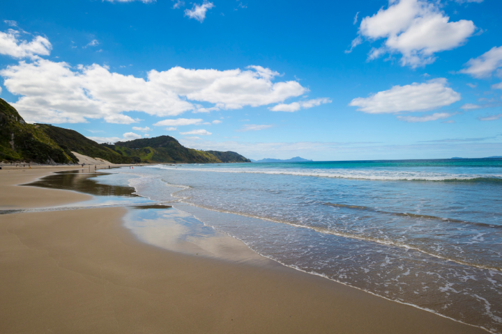 Sandy beach with gentle waves, lush green hills, and a bright blue sky with scattered clouds.