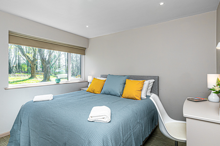 a bedroom with a bed and desk in a room