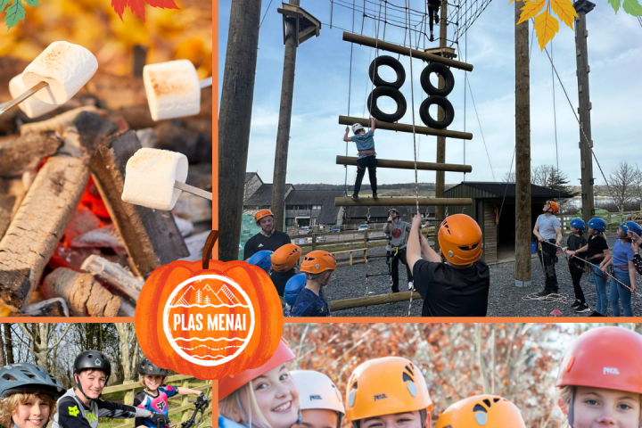 Collage with outdoor activities: ropes course, marshmallows on fire, cycling, and group photo with helmets.