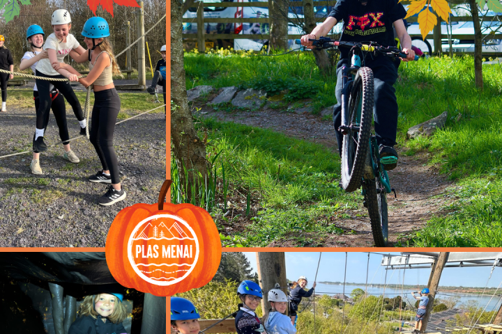 Collage of outdoor activities: biking, climbing, and tunnel exploration with autumn leaves and Plas Menai logo.