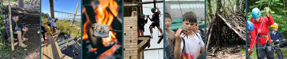 Children engaged in outdoor activities like camping, climbing, and roasting marshmallows.