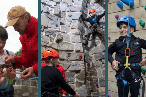 Collage of kids rock climbing, reading, and exploring outdoors.