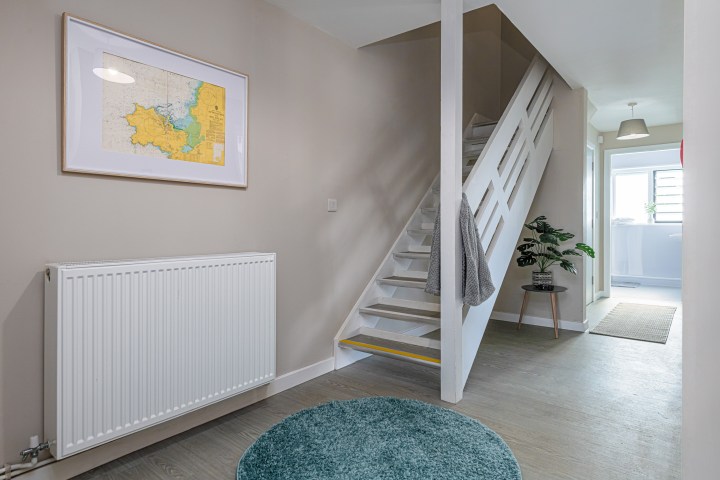 Entryway with stairs, wall map, radiator, plant, and round rug.