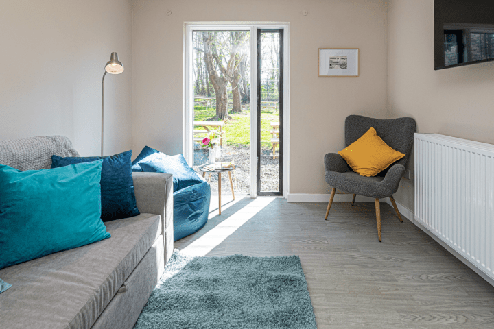 Modern living room with gray sofa, colorful pillows, armchair, rug, and large window with view of garden.